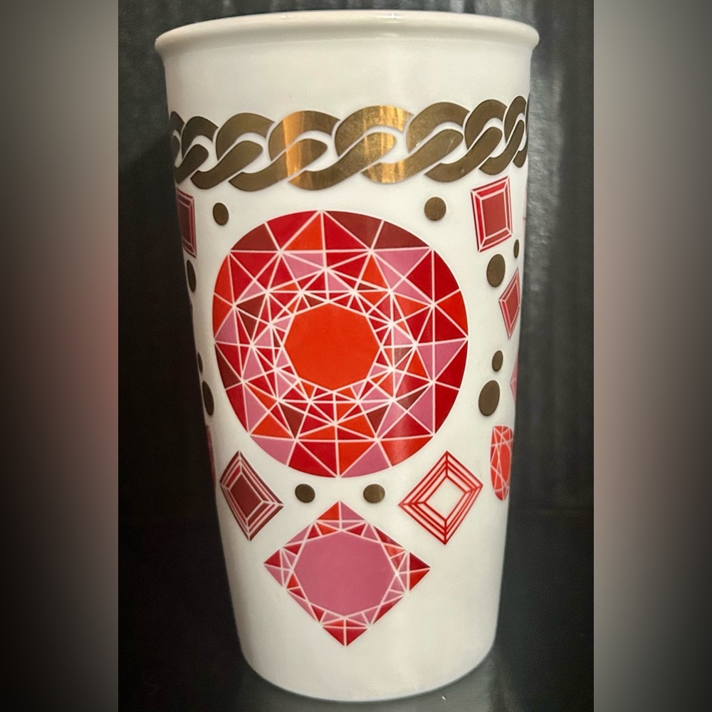 RARE Starbucks 2014 Gemstone Art Ceramic Tumbler Travel Mug Gold Lid 12oz